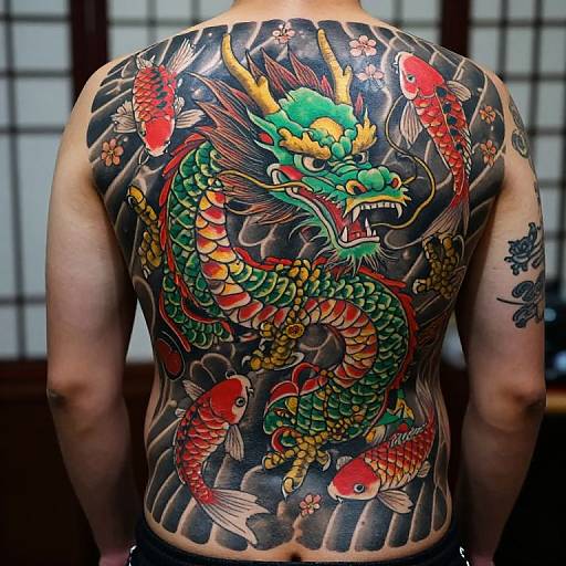Photograph of a man's back showcasing a vibrant, detailed dragon and koi fish tattoo in traditional Japanese style, with bold colors and intricate shading.