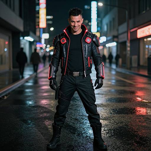 Photograph of a muscular man in a black leather jacket with red accents, black shirt, and pants, standing confidently on a neon-lit, wet