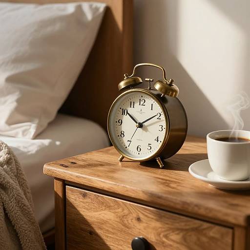Vintage Alarm Clock on Bedside Table with Coffee