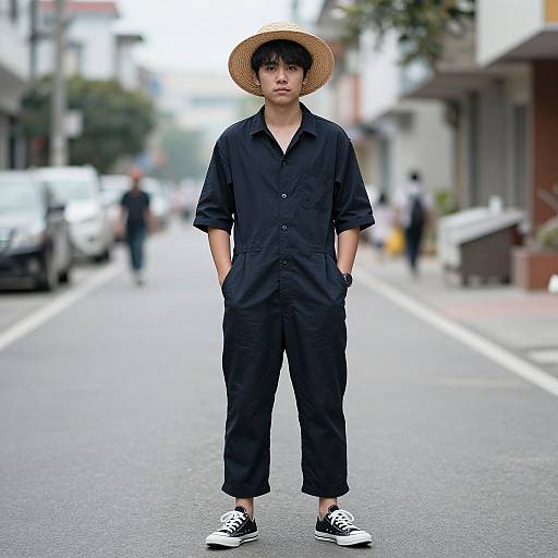 Young Asian man in black jumpsuit, straw hat, black shoes, standing on urban street with blurred background and parked cars. Photograph.