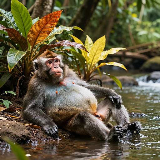 Chubby Monkey Relaxing by Jungle River