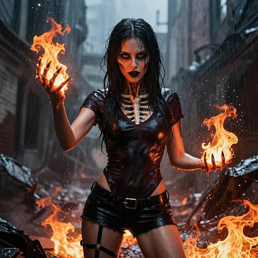Digital fantasy artwork of a wet, dark-haired woman with glowing eyes, skeleton-like chest, black leather outfit, and fiery hands in a ruined, rainy