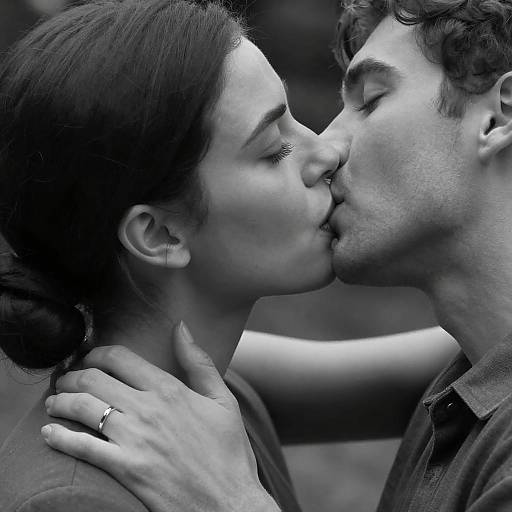 Intimate Black-and-White Kiss Close-Up