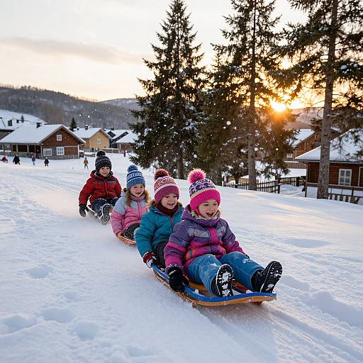Joyful Sledding Adventure at Sunset