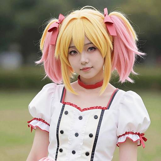 Cosplayer as Madoka Kaname with Yellow and Pink Hair