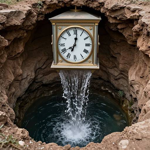 Photograph of a clock with a gold frame, mounted above a rocky, water-filled well, with water cascading from the clock's bottom.