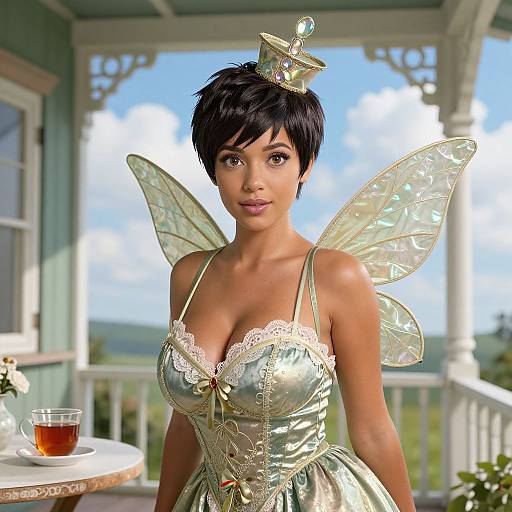 Digital art of a short-haired, dark-skinned woman in a gold, lace-trimmed fairy costume with iridescent wings, standing on a