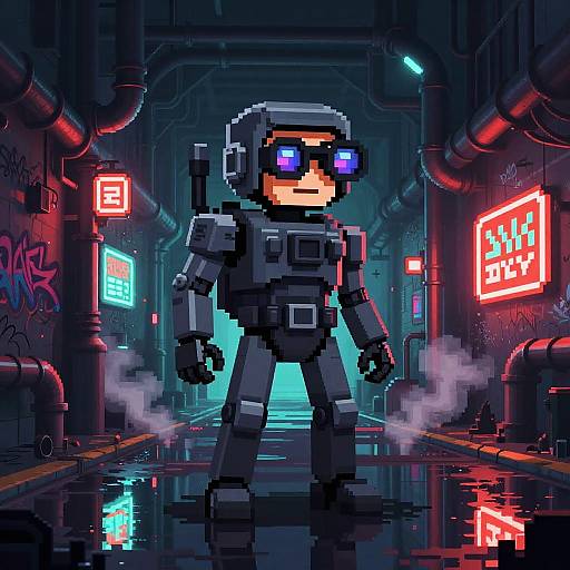 Pixel Anime Bio-Mech Scout in Neon Sewer