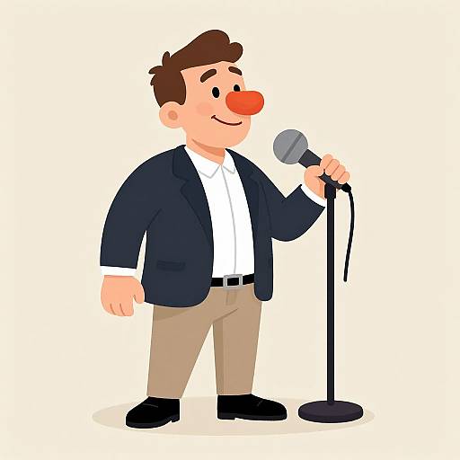 Cartoon drawing of a man with brown hair, red nose, wearing a navy blazer, white shirt, beige pants, and black shoes, singing