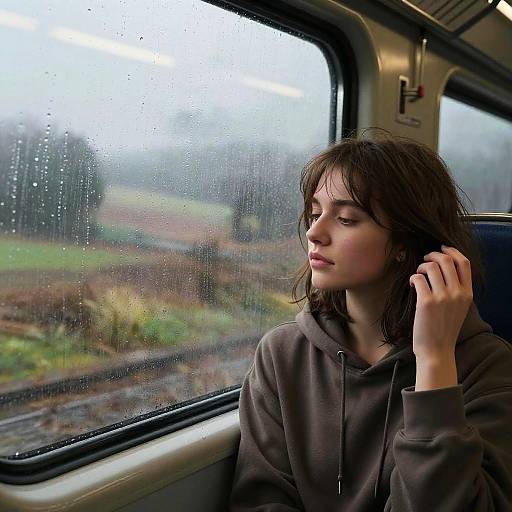 Photograph of a young woman with shoulder-length brown hair, wearing a gray hoodie, gazing out a rainy train window. Background: foggy countryside