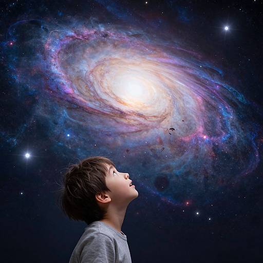 Photograph of a young boy with short brown hair, gazing upwards at a vivid, colorful spiral galaxy in a starry night sky.