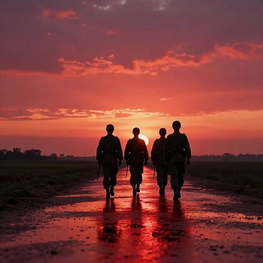 Silhouetted trio walks along wet, reflective beach at vibrant sunset, casting red-orange hues over darkened landscape. Photographic image.