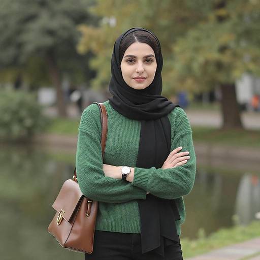 Photograph of a young woman with light skin, wearing a black hijab, green sweater, brown leather handbag, and black pants, standing outdoors