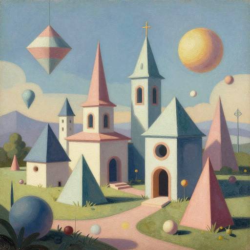 Whimsical digital painting of a colorful church with pink and blue spires, surrounded by geometric shapes, floating balloons, and a sun in a clear