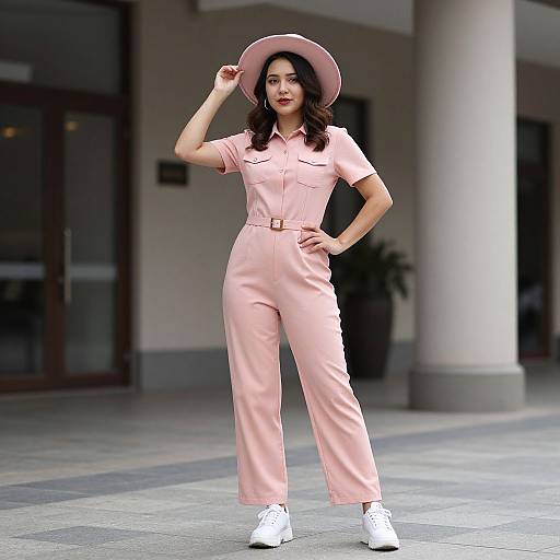 Woman in Peach Pink Jumpsuit Costume