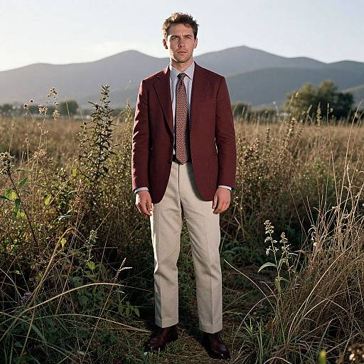 Photograph of a man in a maroon blazer, white shirt, patterned tie, and beige pants, standing in a sunny field with tall