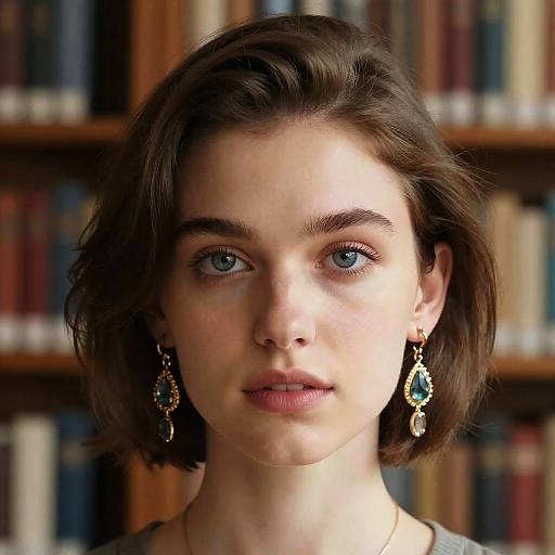 Young Woman Wearing Elegant Earrings in Library