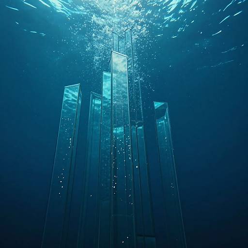 Photograph of tall, transparent, rectangular glass structures underwater, illuminated by bright blue light, with water bubbles and reflections.