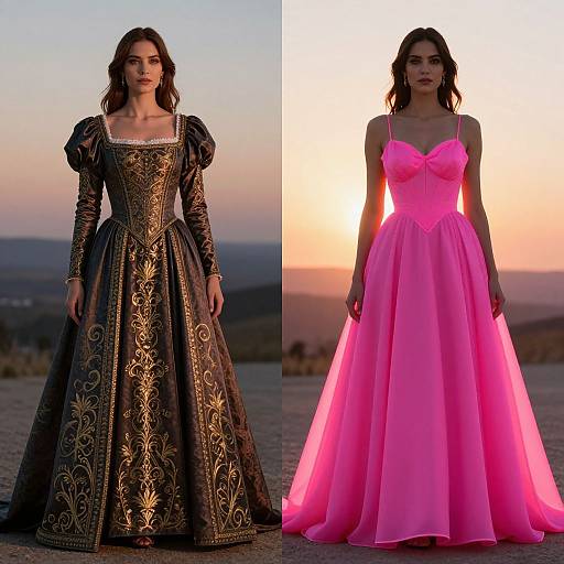 Side-by-side photograph of a woman in a black, gold-embroidered Renaissance gown and a bright pink, strapless ball gown against sunset backgrounds