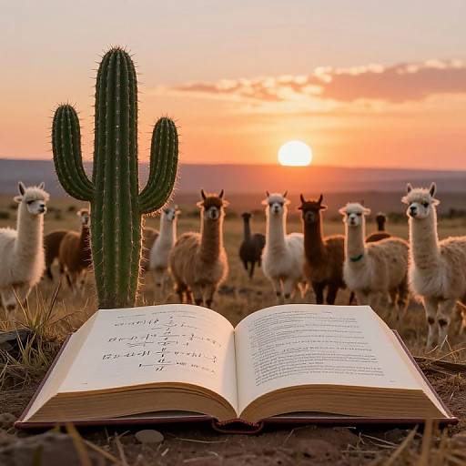 Photograph of an open book with text in front of a cactus, surrounded by alpacas at sunset in a desert landscape.