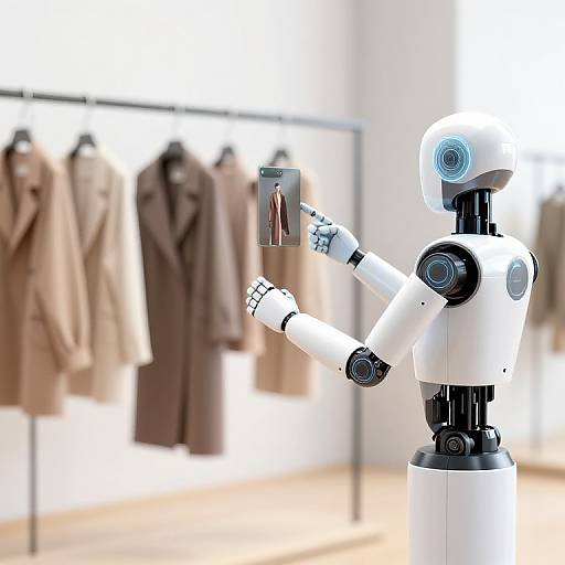 Photograph of a white, humanoid robot taking a photo of brown, coat-filled clothing racks in a brightly lit, minimalist store.