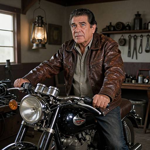 Photograph of an older man with graying hair, wearing a brown leather jacket and gray shirt, sitting on a black motorcycle in a dimly lit