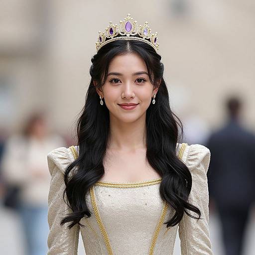 Photograph of an East Asian woman with long black hair, wearing a gold tiara, white shimmering dress with gold trim, and dangling earrings,