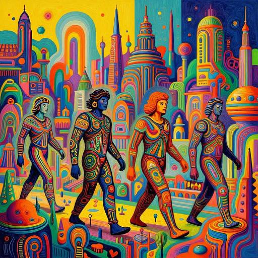 Vibrant digital artwork of three abstract, patterned humanoid figures walking through a colorful, surreal cityscape with neon skies and futuristic buildings.