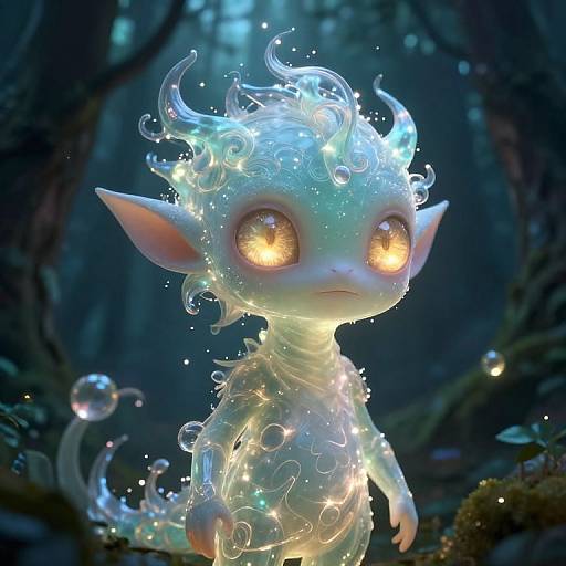 Digital CGI of a glowing, ethereal creature with large, shimmering golden eyes, translucent body, and swirling light trails in a dark, enchanted forest