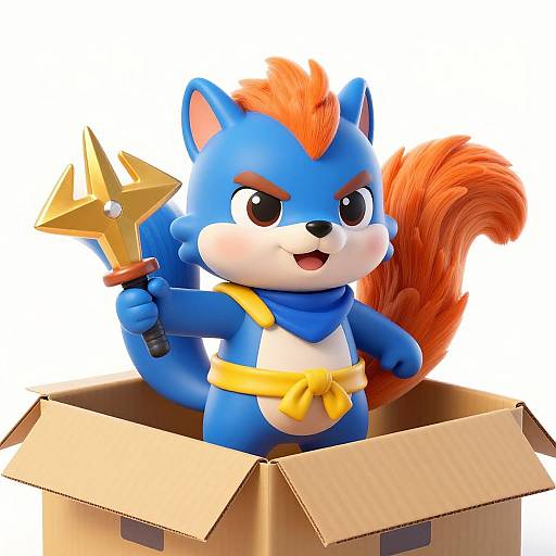 Cartoon blue squirrel with orange tail, holding golden star-shaped hammer, wearing yellow scarf, standing in open cardboard box, smiling confidently.