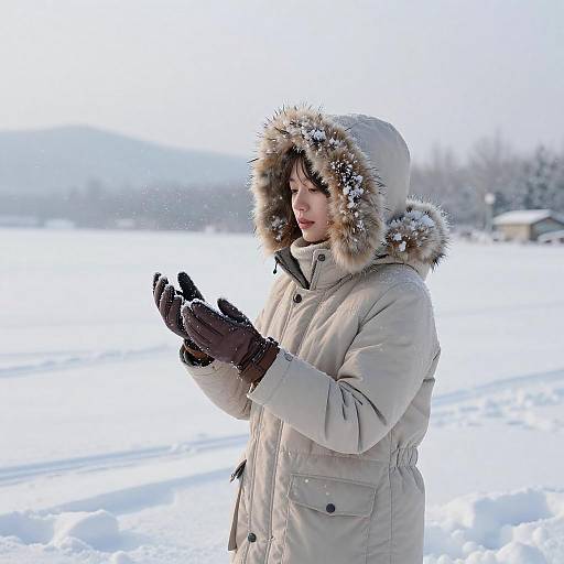 Photograph of a woman in a beige winter coat with fur hood, black gloves, standing in snowy landscape, blowing snow off her hands.