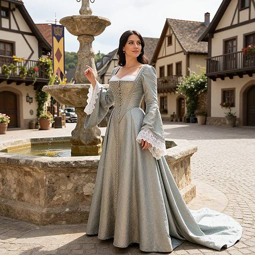 Photograph of a dark-haired woman in an elegant, silver-gray Renaissance-style gown standing by a stone fountain in a medieval village square.
