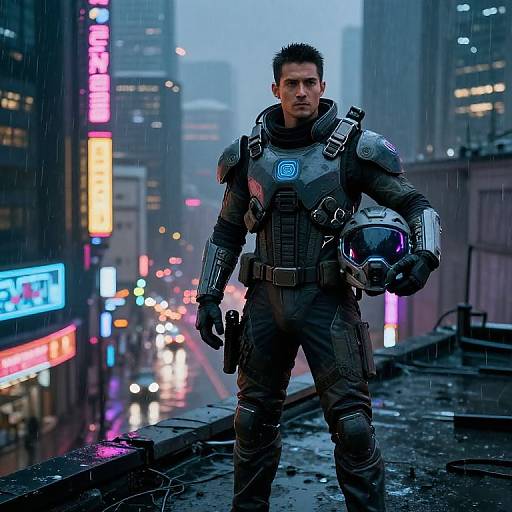 Photorealistic CGI of a muscular, serious-looking man in futuristic, armored suit holding a helmet, standing on a rainy urban rooftop at night, with