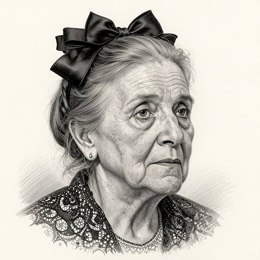 Black-and-white pencil drawing of an elderly woman with a bow in her gray hair, wearing a floral-patterned blouse and pearl earrings. Her expression is