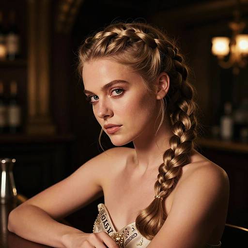 Photograph of a young woman with fair skin, blue eyes, and a long, braided blonde hairstyle, wearing a strapless dress with a 