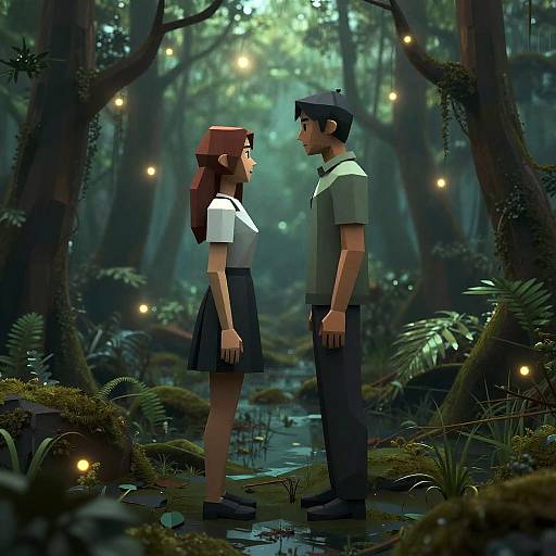 Digital art of a couple standing in a mystical forest, surrounded by glowing fireflies, wearing school uniforms, facing each other.
