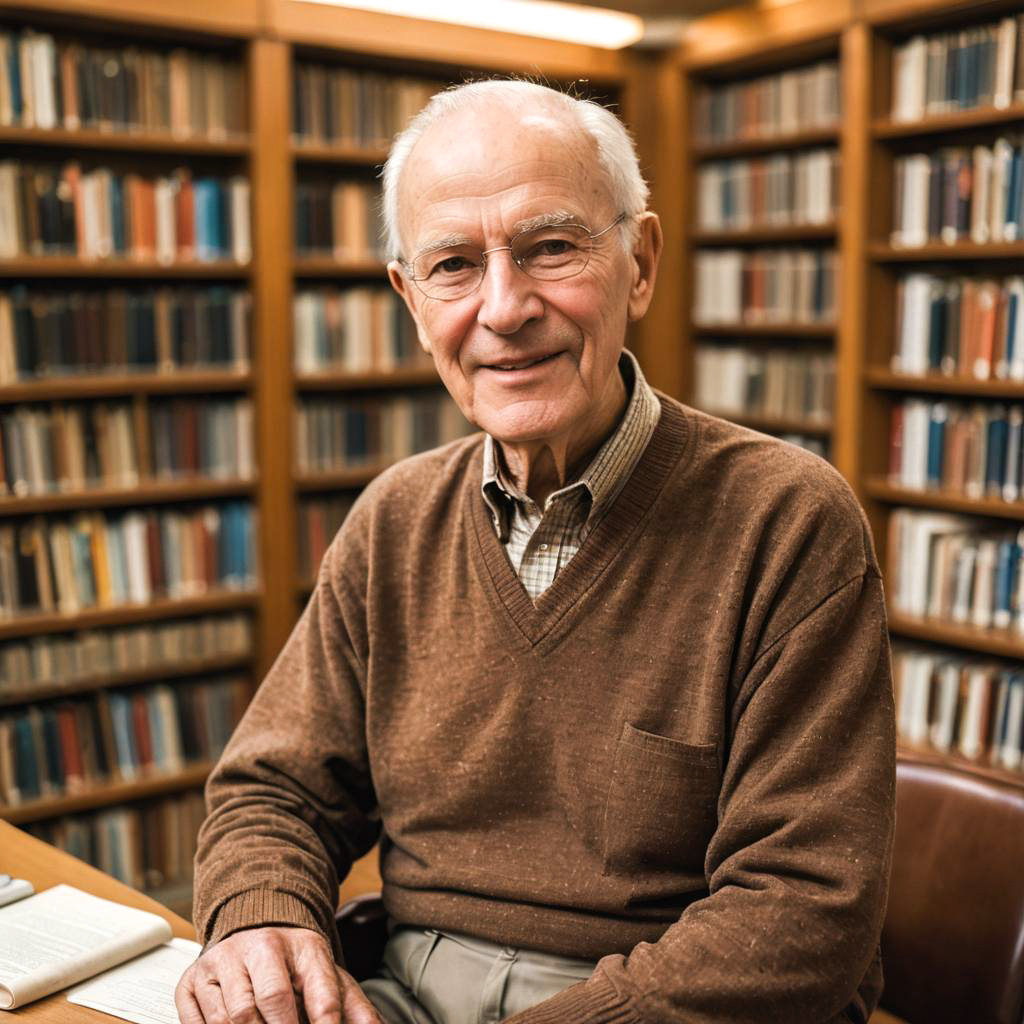 Joyful Elderly Man in Cozy Library