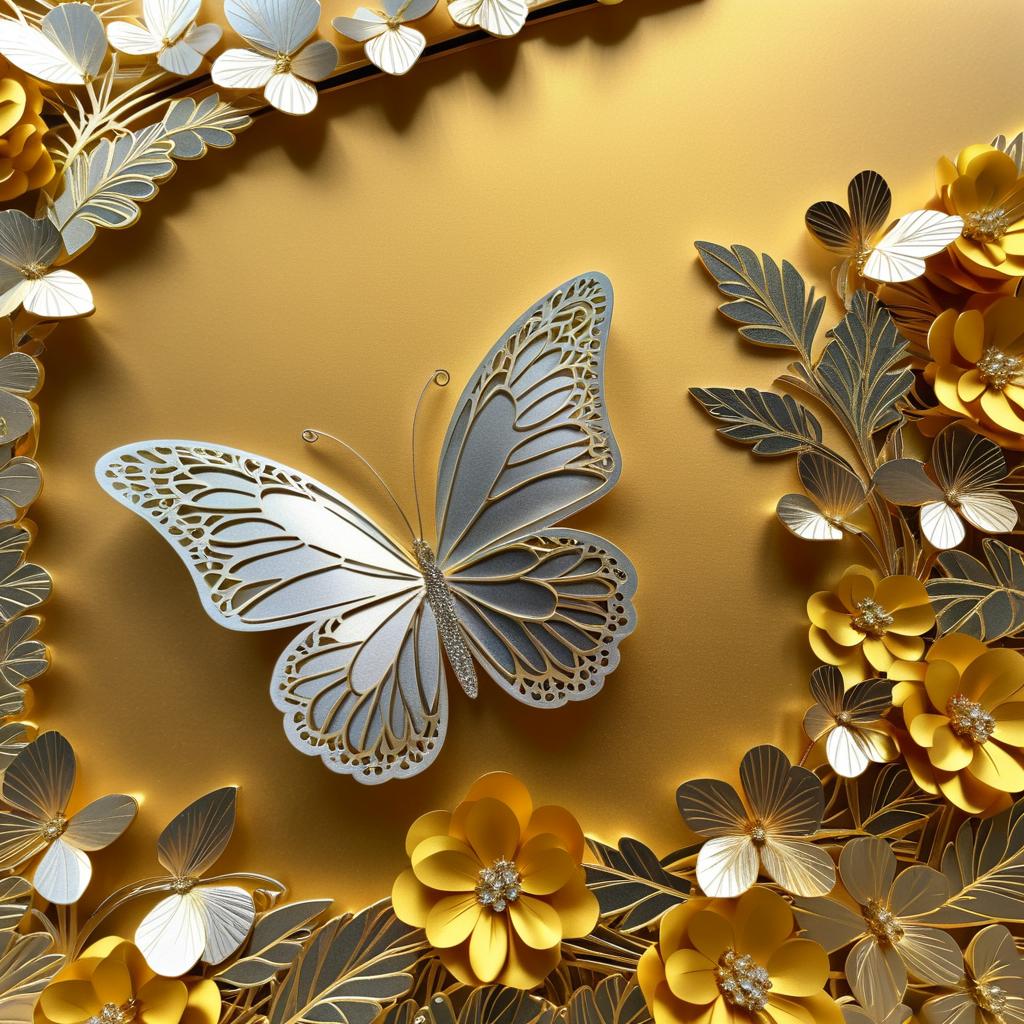 Majestic Silver Butterfly on Golden Rainbow Paper