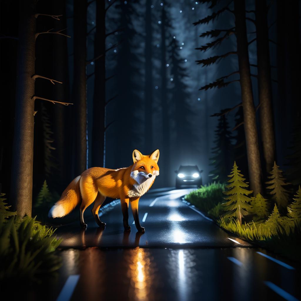 Cautious Fox Encounter on Dark Road