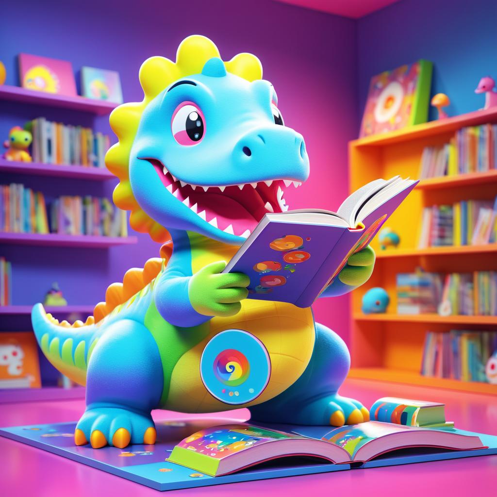 Cheerful Dinosaur Reading in Vibrant Colors