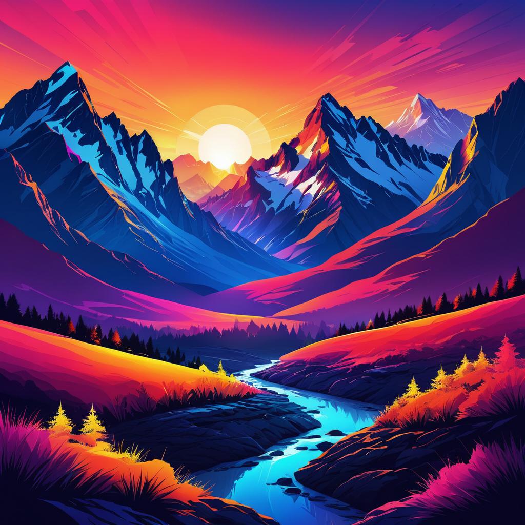 Vibrant Mountain Sunrise Digital Painting