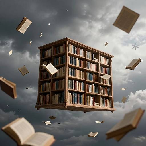 Floating wooden bookshelf filled with books, surrounded by flying pages and books, against a dramatic cloudy sky. Digital art.