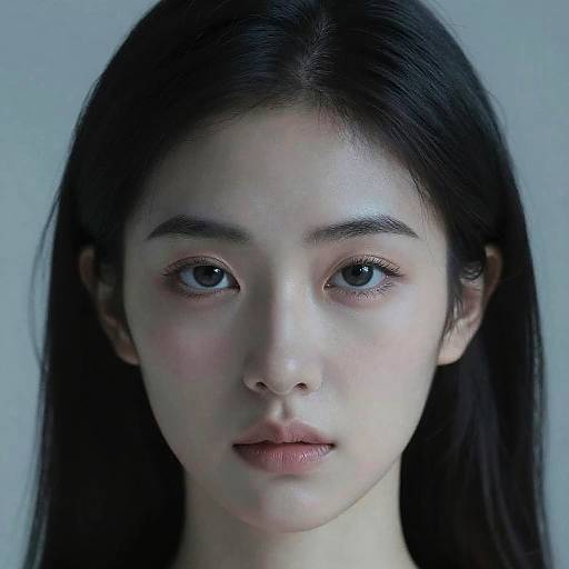 Photograph of a young Asian woman with long black hair, fair skin, blue eyes, and subtle makeup, against a plain light blue background.