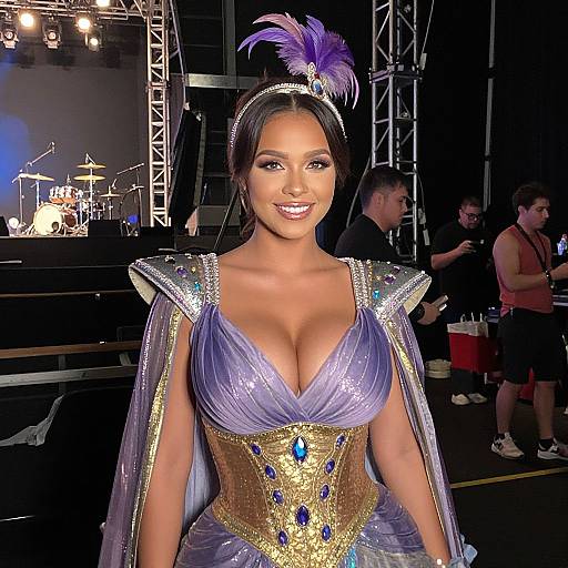 Photograph of a smiling woman with tan skin and large breasts, wearing a sparkling, purple and gold costume with a feathered headpiece, on a