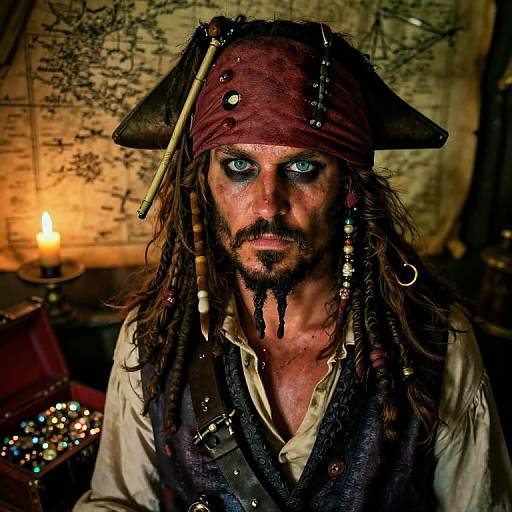 Photograph of a rugged, blue-eyed pirate with dreadlocks, tattered red headband, and dark eye makeup, set against a dimly lit