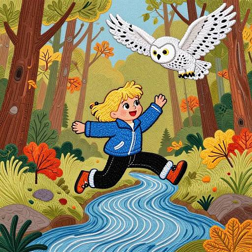 Blond Girl Jumping Over River in Autumn