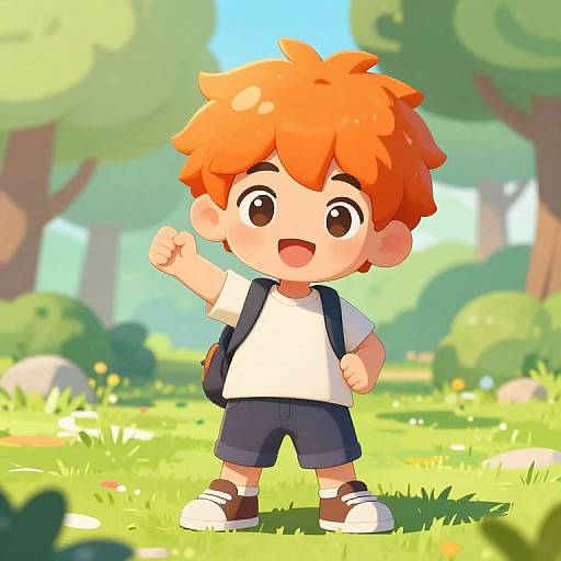 Cute digital anime-style drawing of a red-haired boy with large eyes, wearing a white shirt, navy shorts, and brown shoes, standing in a
