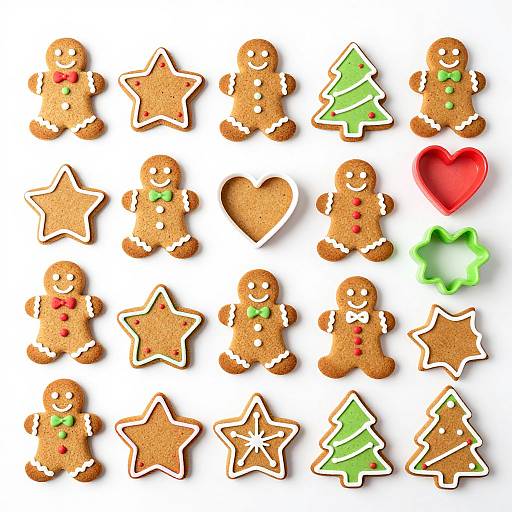 Photograph of 16 gingerbread cookies, including shapes like people, stars, tree, heart, and red heart-shaped candy, arranged on white background