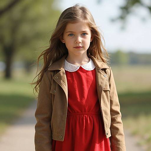 Photograph of a young girl with long brown hair, blue eyes, wearing a red dress and brown jacket, standing in a sunny park.