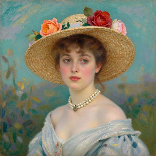 Photorealistic painting of a young woman with fair skin, pink cheeks, brown eyes, wearing a straw hat with red and pink flowers, pearl necklace